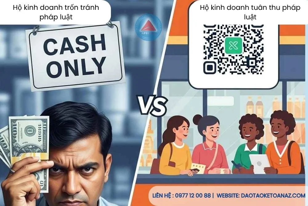 Hình ảnh so sánh hai mô hình hộ kinh doanh né thuế bằng tiền mặt và minh bạch bằng chuyển khoản, hóa đơn điện tử