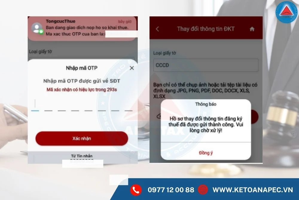 Màn hình nhập mã OTP để gửi hồ sơ cập nhật CCCD thành mã số thuế