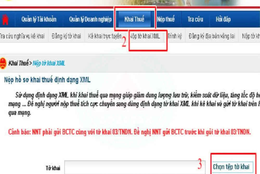 Giao diện tải tờ khai XML lên hệ thống