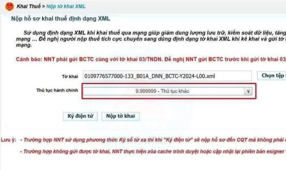 Mục "Thủ tục hành chính" chọn mã thủ tục: 9.999999