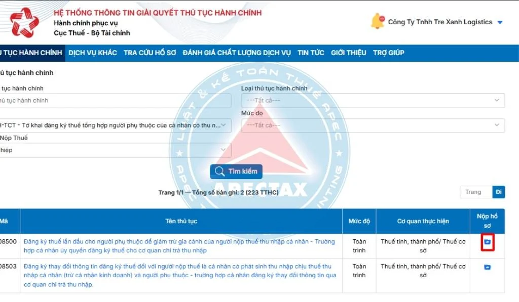 đăng ký người phụ thuộc trên dịch vụ công