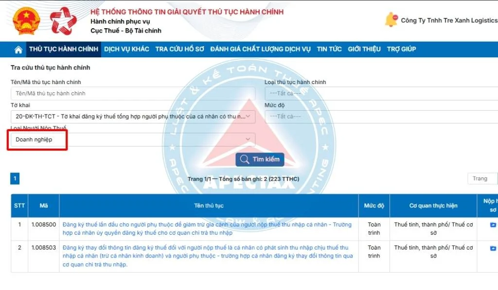đăng ký người phụ thuộc trên dịch vụ công