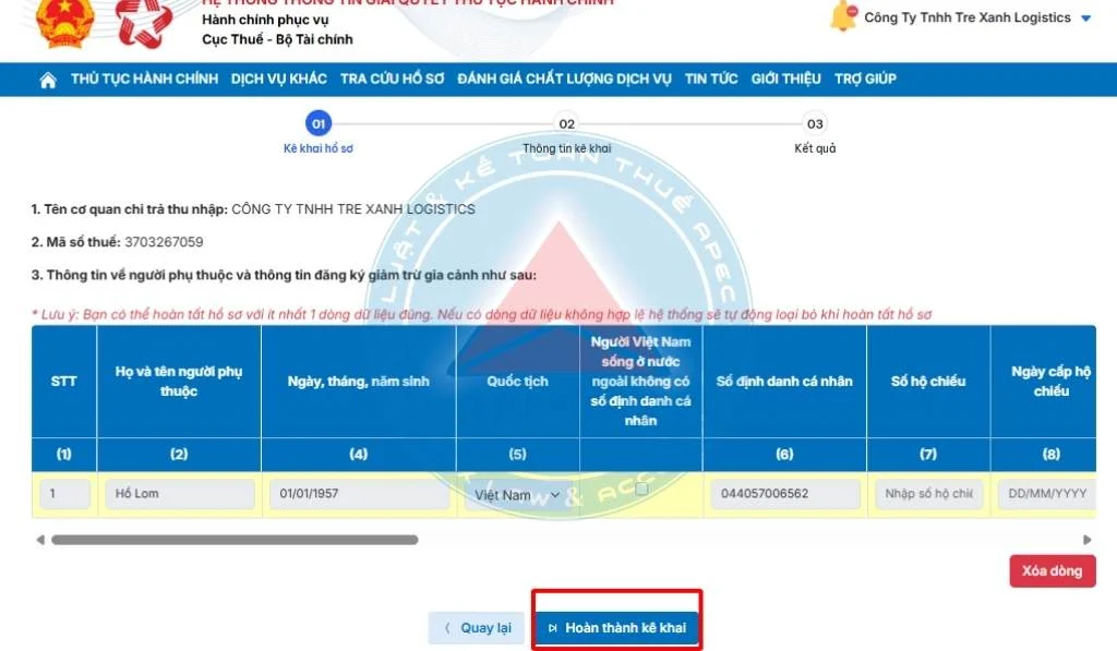 đăng ký người phụ thuộc trên dịch vụ công