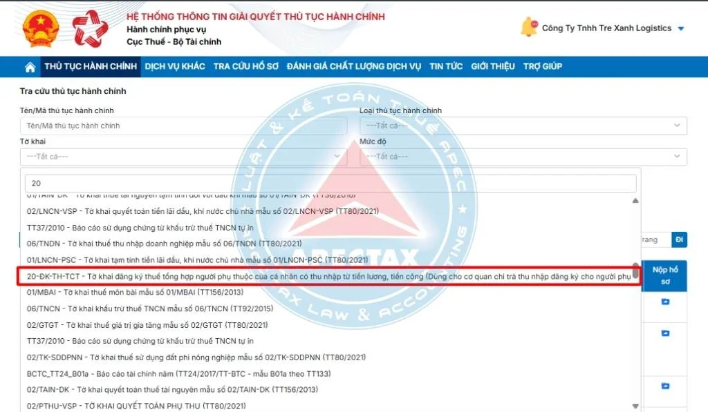 đăng ký người phụ thuộc trên dịch vụ công