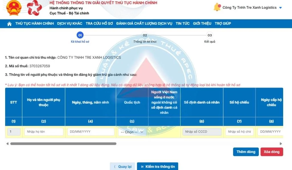 đăng ký người phụ thuộc trên dịch vụ công