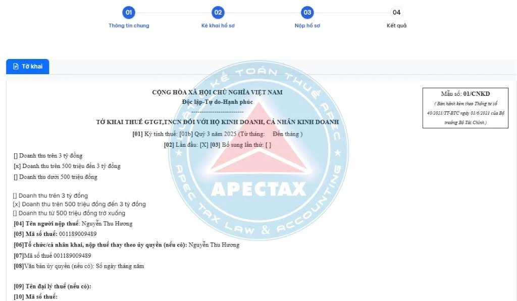 kế toán hộ kinh doanh kê khai Tờ khai 01/CNKD