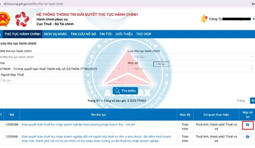 nộp Tờ khai 03/TNDN và Báo cáo tài chính