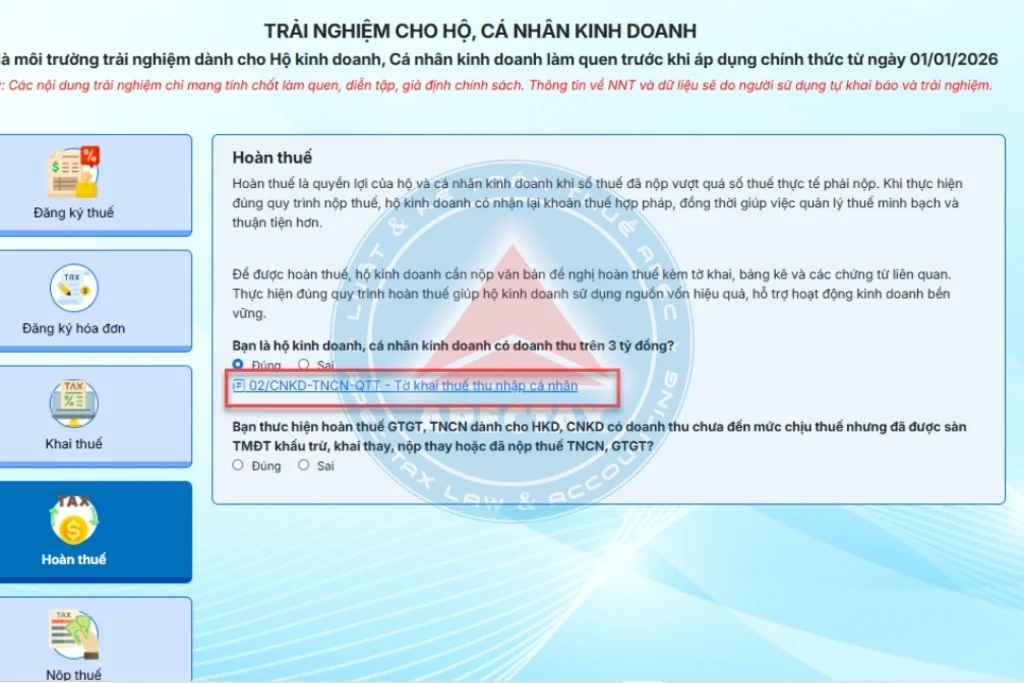 Hướng dẫn kế toán hộ kinh doanh hoàn thuế (Tờ khai 02/CNKD-TNCN-QTT) trên dịch vụ công 2026